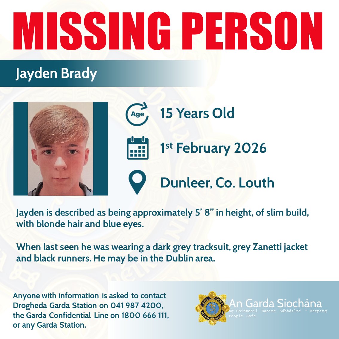 Gardaí appeal for information on missing Louth teen