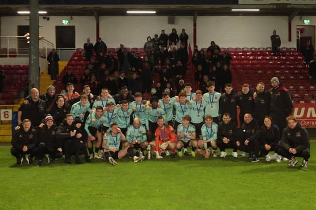 The Dundalk team celebrate with the PTSB Leinster Senior Cup. Photo by Peter Minogue