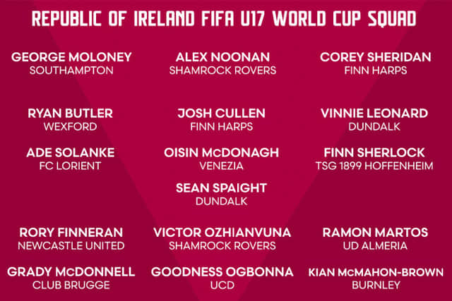 This is the fifth major tournament at this age grade for O’Brien with his squad qualifying for the World Cup following a 2-0 win over Poland and a 5-0 victory over Iceland in the Elite Round of the U17 EURO Qualifiers.