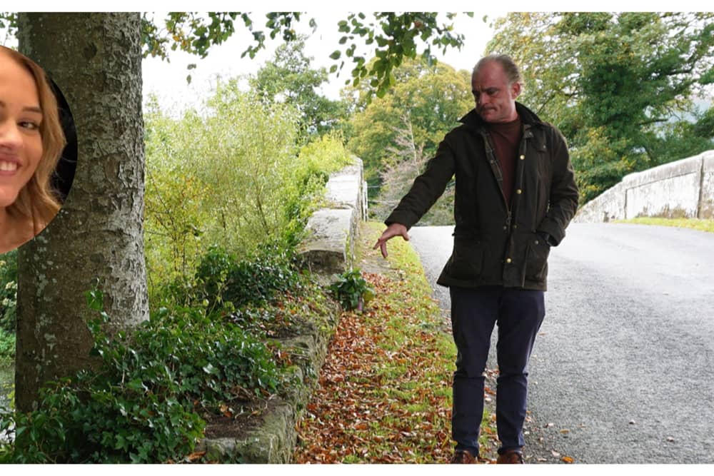 Bereaved father Michael English at Kilmoyler Bridge where his daughter Bronagh (INSET) died in a road traffic accident last April. Picture: Maria Taylor