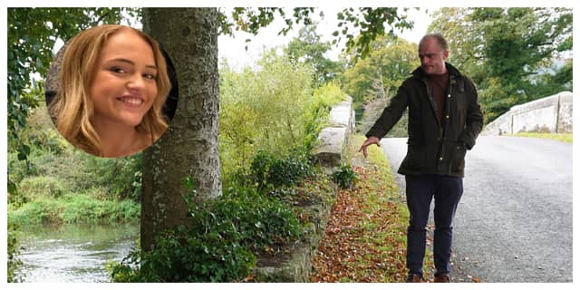 Bereaved father Michael English at Kilmoyler Bridge where his daughter Bronagh (INSET) died in a road traffic accident last April. Picture: Maria Taylor