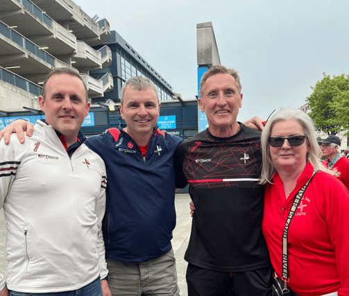 Deputy Ruairí Ó Murchú, (second from left) with former Louth manager and former Louth TD, Peter Fitzpatrick, with Colin Duff (left) and Cllr. Bernie Conlon (right) pictured outside Croke Park
