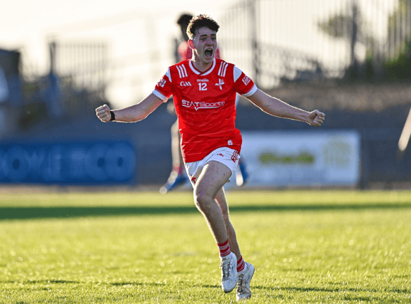 Pearse Grimes-Murphy of Louth celebrates at the final against Mayo. Photo by Stephen Marken/Sportsfile