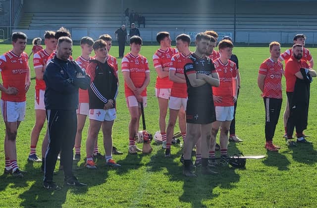 Louth U20 hurlers look on as Monaghan are presented with the league trophy. Picture by Anthony Bravender