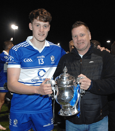 Dundalk Gaels captain, Dylan McKeown, with his dad Derek McKeown celebrate Seamus Flood Cup success. Picture by Arthur Kinahan.