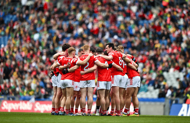 Louth players huddle before the GAA Football All-Ireland Senior Championship quarter-final match between Donegal and Louth at Croke Park. Photo by Ben McShane/Sportsfile