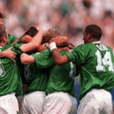 Ray Houghton of Republic of Ireland celebrates after scoring his side's first goal with team-mates, from left, Tommy Coyne, John Sheridan, Steve Staunton and Phil Babb. Photo by Ray McManus/Sportsfile
