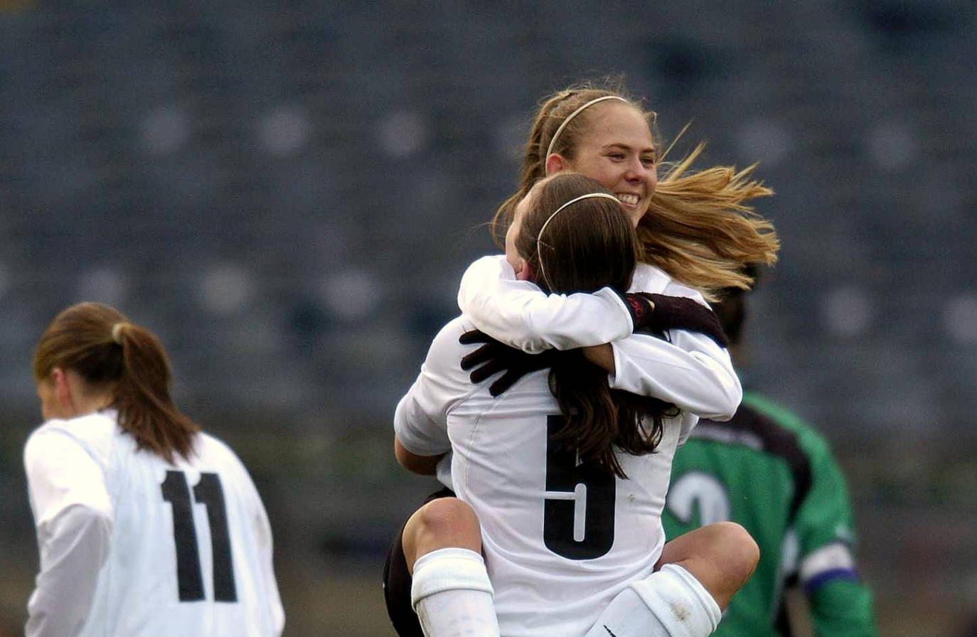 Sonia Hoey celebrates with team-mate Bronagh Malone after scoring her sides winning goal in the 2005 WFAI Cup Final (Photo: Brian Lawless / SPORTSFILE)