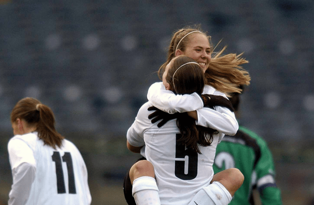 Sonia Hoey celebrates with team-mate Bronagh Malone after scoring her sides winning goal in the 2005 WFAI Cup Final (Photo: Brian Lawless / SPORTSFILE)
