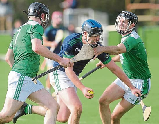 Seaghan Conneely, St. Fechins is tackled by Oisín Gately, Clonguish Gaels during the Leinster JHC game in Darver. Pic: Aidan Dullaghan