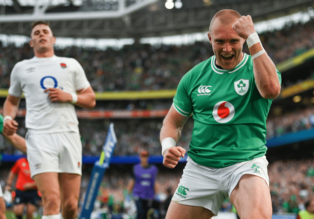 Keith Earls celebrates scoring a try on his 100th cap for Ireland at the Aviva Stadium this summer