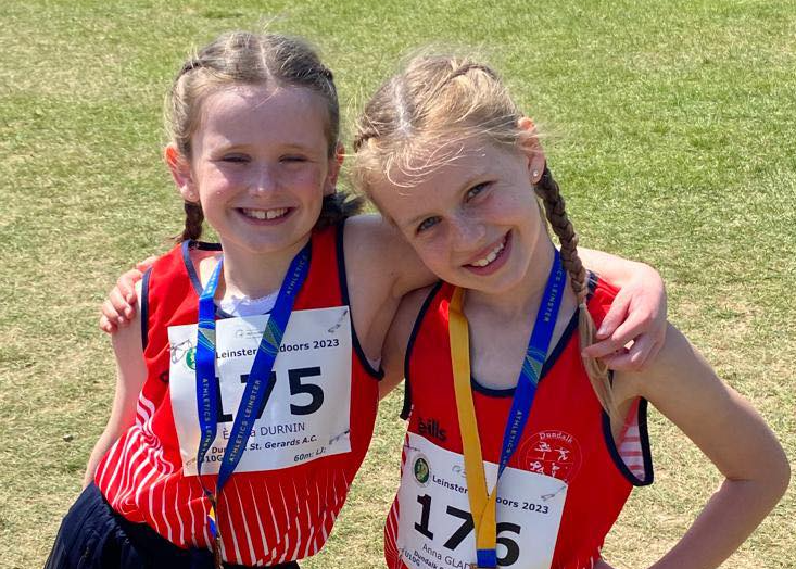 DSG's Anna Gladyzs and Eabha Durnin following their Leinster Long Jump endeavours at the Leinster Championships