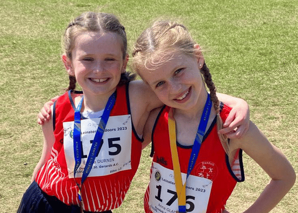 DSG's Anna Gladyzs and Eabha Durnin following their Leinster Long Jump endeavours at the Leinster Championships