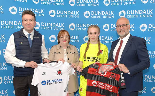 Billy Doyle CEO, Bernadette Farrell Chairperson Dundalk Credit Union, Leona Hanning Dundalk Womens FC and Martin Connolly CEO Dundalk FC. Pics Arthur Kinahan