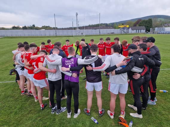 The Louth Minors in a huddle during their Leinster Preliminary Quarter Final clash with Wicklow in Echelon Park, Aughrim. (Picture: Louth GAA)