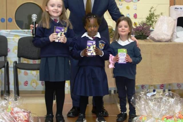 Mr McCoy and Mrs Higgins also presented prizes for the Internet Safety Poster Competition recently held in the school.