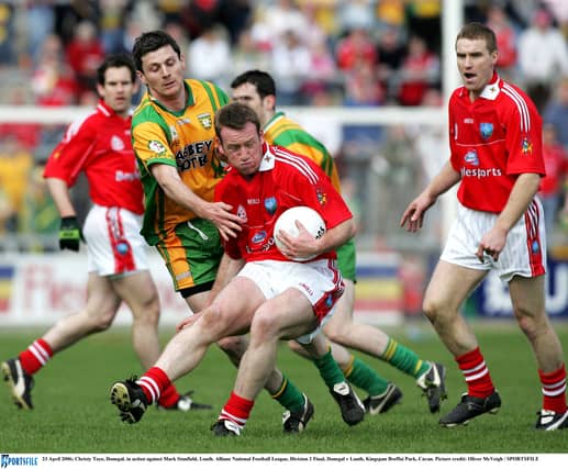 Christy Toye, Donegal, in action against Mark Stanfield, Louth, during the 2006 Division Two Football Final. (Picture: Oliver McVeigh/Sportsfile)