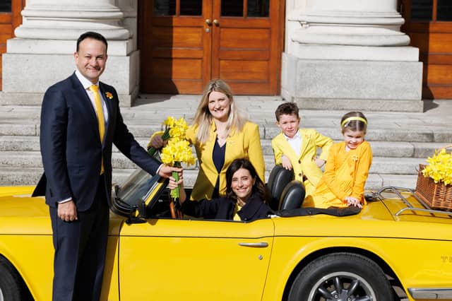 Taoiseach Leo Varadkar TD with Averil Power, CEO, Irish Cancer Society, Mary Twohill, Daffodil Night Nurse, Irish Cancer Society, Nora Forde (age 6) and Patrick Breen (age 5). Photo: Andres Poveda
