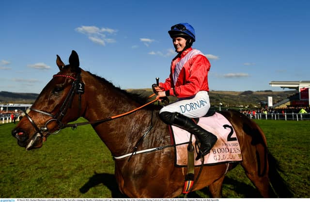 Rachael Blackmore celebrates aboard A Plus Tard after winning the Boodles Cheltenham Gold Cup last year