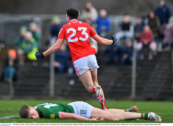 Craig Lennon of Louth celebrates after scoring his side's first goal during the Allianz Football League Division 2 match between Meath and Louth at Páirc Tailteann. (Pic: Stephen Marken/Sportsfile)
