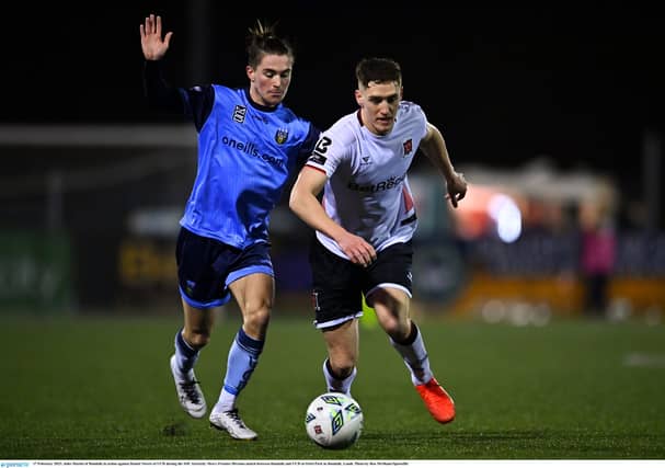 John Martin of Dundalk in action against Daniel Norris of UCD during the SSE Airtricity Men's Premier Division match between Dundalk and UCD at Oriel Park. (Picture: Ben McShane/Sportsfile)