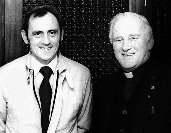 Sean Gordon and Fr Vincent Duffy of the Holy Family Parish at the first meeting of Na Piarsaigh GFC over 40 years ago. Photo: Arthur Kinahan