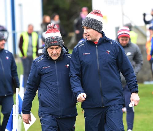 Mickey Harte and Gavin Devlin on the sideline during Louth's National League tie with Westmeath in Ardee. (Pic: Arthur Kinahan)