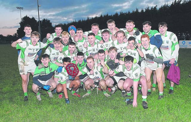 Geraldines GFC Louth Under 21 Shield winners celebrate after Sunday's win over Cooley Kickhams in the final. Picture: Arthur Kinahan