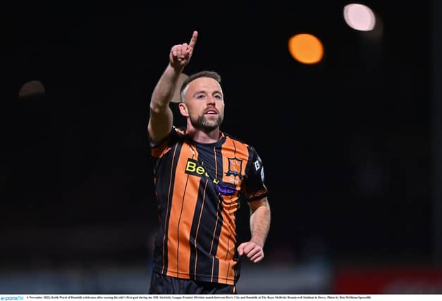 Keith Ward of Dundalk celebrates after scoring the only goal in their victory over Derry City at the Ryan McBride Brandywell Stadium. (Picture: Ben McShane/Sportsfile)