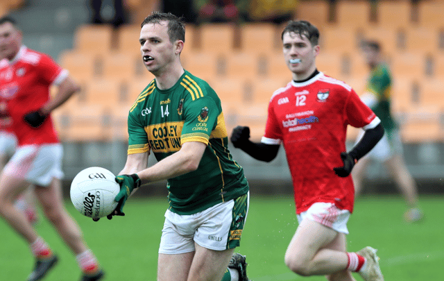 Cooley's Michael Rafferty gets the better of Ballymahon's Danny Ryan during their Leinster Intermediate Football clash in Pearse Park, Longford. (Photo: Syl Healy)