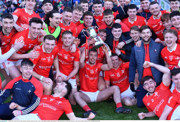 The Louth players celebrate with the Division Three trophy following their win over Limerick in Croke Park. (Picture: Sportsfile)