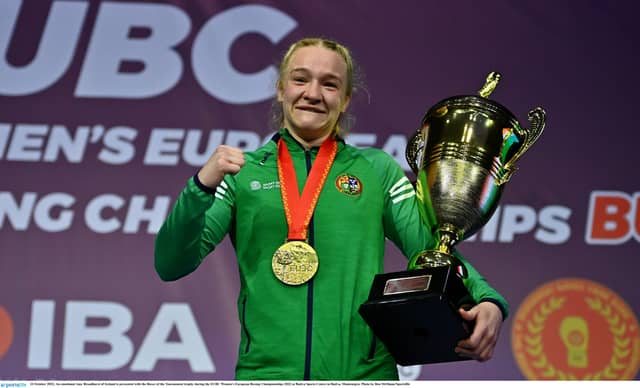 An emotional Amy Broadhurst is presented with the Boxer of the Tournament trophy during the EUBC Women's European Boxing Championships at the Budva Sports Centre in Budva, Montenegro