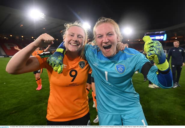 Amber Barrett, left, and Republic of Ireland goalkeeper Courtney Brosnan celebrate after the FIFA Women's World Cup 2023 Play-off match between Scotland and Republic of Ireland. (Picture: Sportsfile)