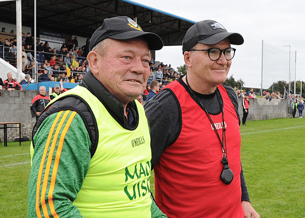 A rye smile from Cooley's Jimmy McShane and Manager Colm Nally at the Final whistle of IFC Final last Sunday. (Pic: Arthur Kinahan)