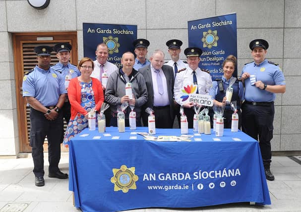 At the launch Chief Supt Allan McGovern, Supt Charlie Armstrong, Sgt John Heavey Crime Prevention officer, Cathaoirleach DMD Cllr Kevin Meenan, Cathaoirleach LCC Cllr Conor Keelan and local gardai