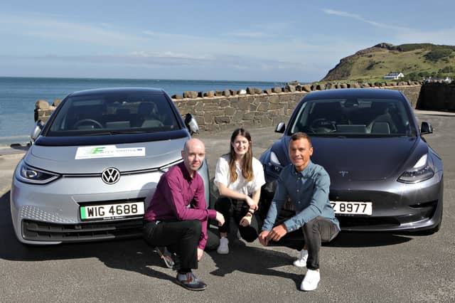 FASTER Project officer, Donal Monaghan from South West College, CoolFM Presenter and Tesla Owner Paulo Ross, and Nuala McHugh, driver of the new electric VW ID.3