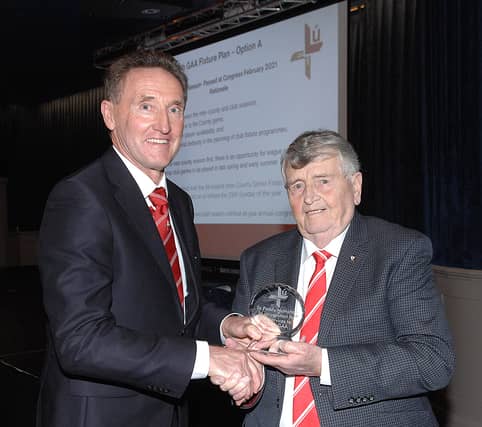 Peter Fitzpatrick LCB Chairman making a presentation to Paddy McMahon for his service to Louth Football. (Pic: Arthur Kinahan)