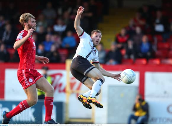 David McMillan of Dundalk has a shot on goal during the SSE Airtricity League Premier Division match between Shelbourne and Dundalk at Tolka Park. (Pic: Michael P Ryan/Sportsfile)
