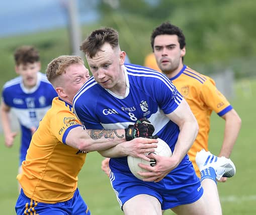 Jordan Keating breaking through the KIlkerley defence in Sunday's Div 2 game. (Pic: Arthur Kinahan)
