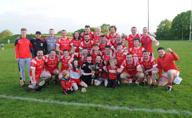 the Knockbridge Hurling team celebrate after their victory over St Fechins in the Maurice Murphy Cup Final in Darver. (Pic: Arthur Kinahan)