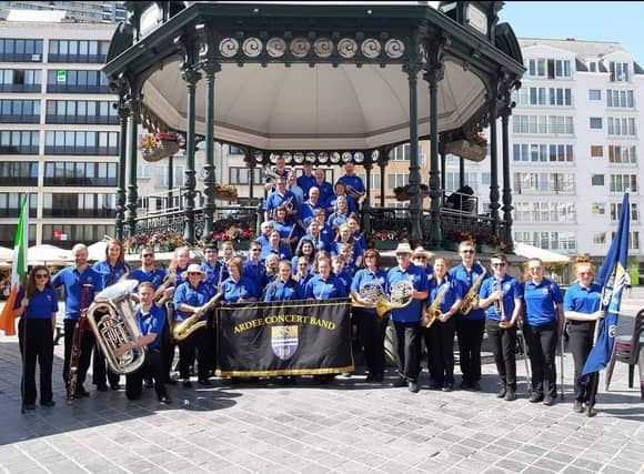 Ardee Concert Senior Band getting ready to play on the bandstand in Ostend, Belgium in 2019