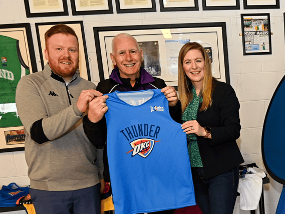 Daryl Lambe, Basketball Ireland, Brendan McCoy, Dynamites Basketball, and Sinead Joyce, Marketing Manager of DeCare Dental at the launch of the 2022 Jr NBA Programme. (Pic; Ramsey Cardy/Sportsfile)
