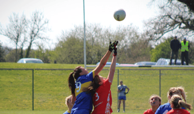 Sarah Quinn, Louth, and Aoife Gorman, Wicklow, contest a high ball
