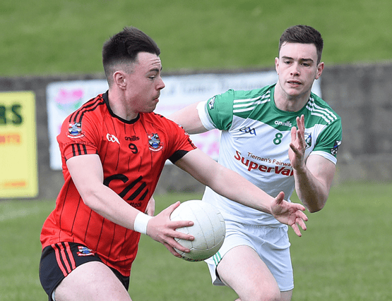 Ben McKenna of Mattock Rangers trying to pass by a Geraldines player. (Pic: Arthur Kinahan)