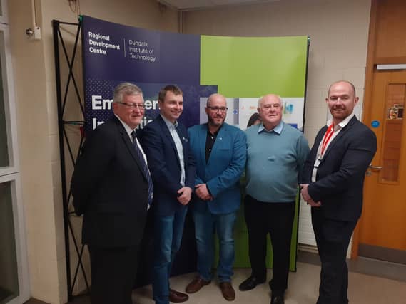(L-R): Paddy Malone (Dundalk Chamber), Chris MacManus MEP, Ruairí Ó Murchú TD , Frankie Watters (Dundalk Chamber) and Aidan Browne (Head of Innovation at the Regional Development Centre in DKIT) .