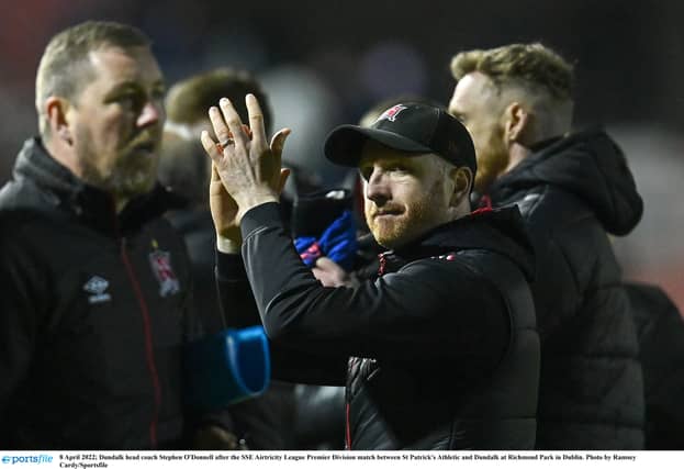 Dundalk FC Head Coach Stephen O'Donnell greets the fans after last week's clash with St Pats. (Pic: Sportsfile)