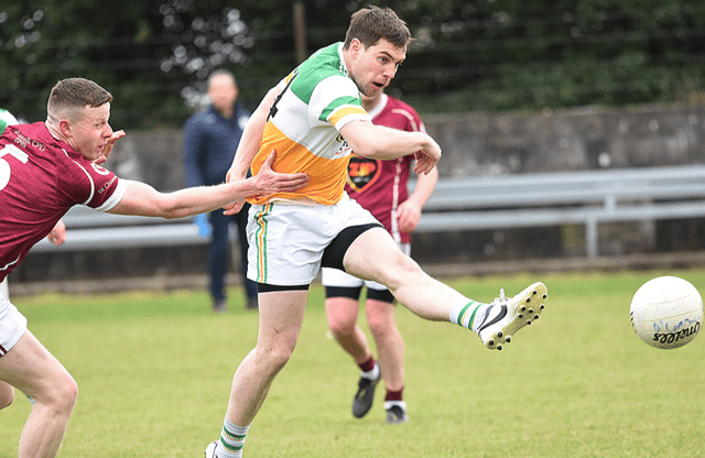 Craig Doherty fires home St Joseph's first goal in their Div 2 league game against the O'Connell's. (Pic: Arthur Kinahan)
