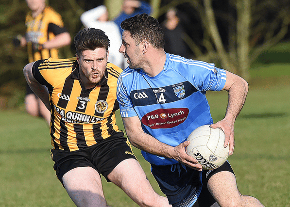 Trevor O'Brien, Glyde Rangers, taking on Shane Roddy Na Piarsaigh Blackrock in the Kevin Mullen Shield last month. (Photo: Arthur Kinahan)