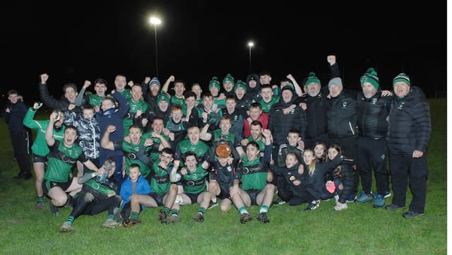 Dundalk Young Irelands celebrate after winning the Hollywood Developments Div 2 League title last year. (Pic: Arthur Kinahan)