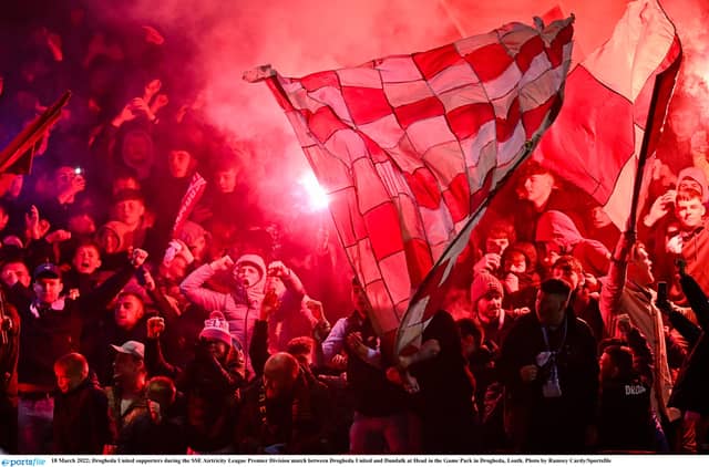 Flares being lit during the Louth Derby, one part of the hooligan football culture that has crept more and more into the League Of Ireland. (Pic: Sportsfile)